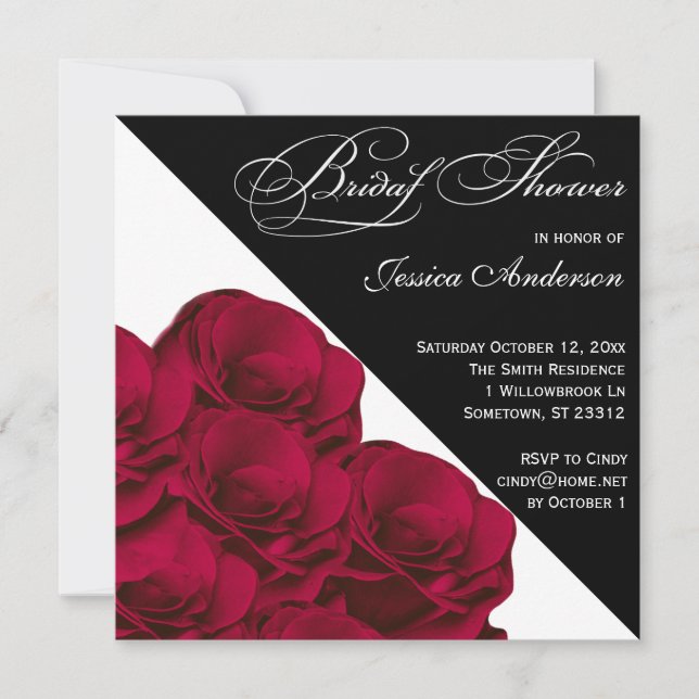 Invitación La ducha nupcial blanco y negro de los rosas rojos (Anverso)