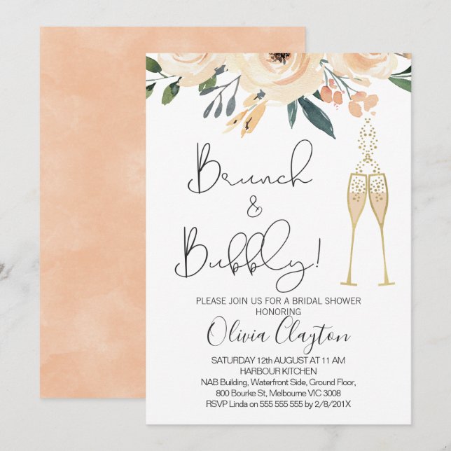 Invitación La ducha nupcial burbujeante del brunch floral de (Anverso / Reverso)
