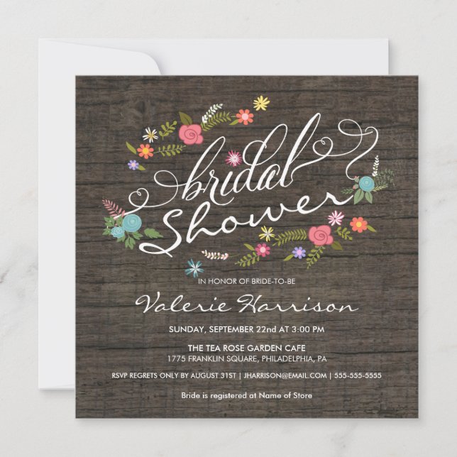 Invitación La ducha nupcial de la guirnalda floral de madera (Anverso)