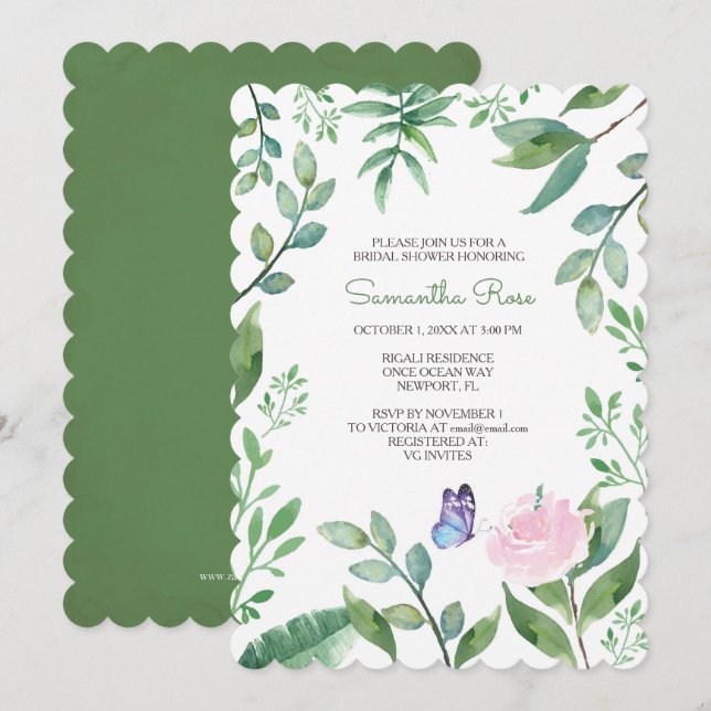 Invitación La ducha NUPCIAL de la mariposa invita, rosa y (Anverso / Reverso)