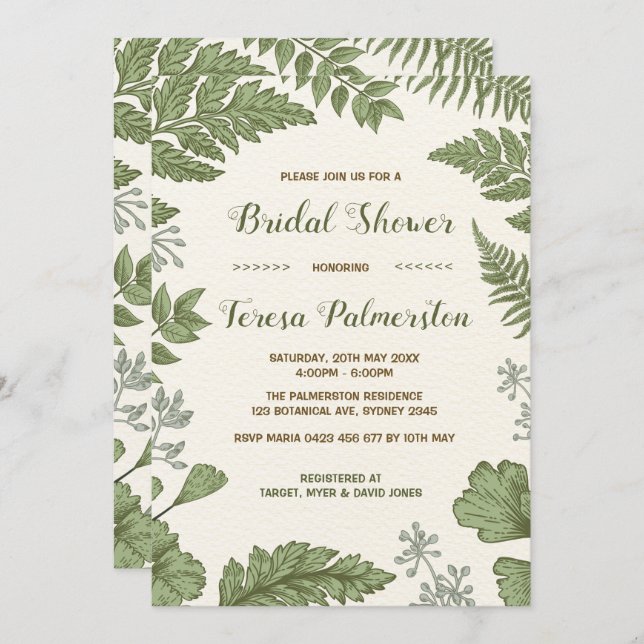 Invitación La ducha nupcial del bosque botánico del verdor (Anverso / Reverso)