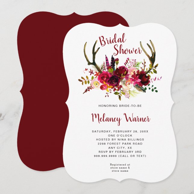 Invitación La ducha nupcial floral de moda de Boho Borgoña (Anverso / Reverso)