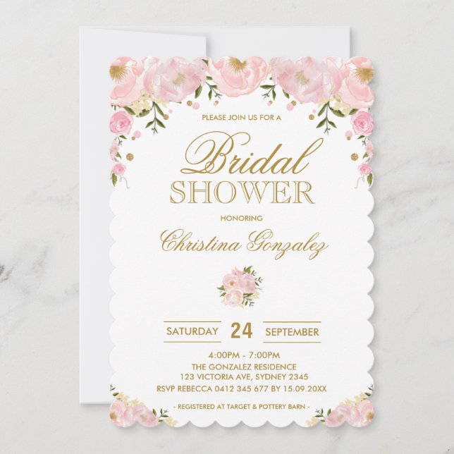 Invitación La ducha nupcial floral del oro rosado elegante de (Anverso)