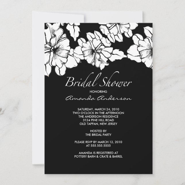 Invitación La ducha nupcial floral negra y blanca de moda (Anverso)
