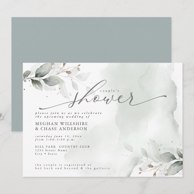 Invitación La ducha polvorienta fachada verde de una pareja r (Anverso / Reverso)