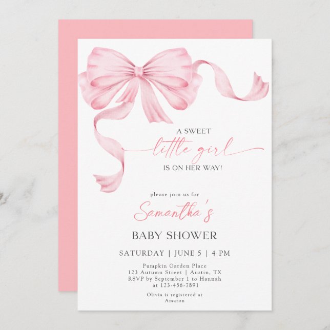 Invitación La dulce niña pequeña Bow Coquette Border Baby Sho (Anverso / Reverso)