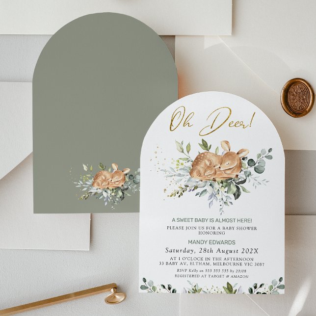 Invitación La ecología neutral de género Oh Baby Shower de ci (Arched Greenery Oh Deer baby Shower Invitation, Foliage Deer Fawn Baby Shower Invite Gender Neutral )