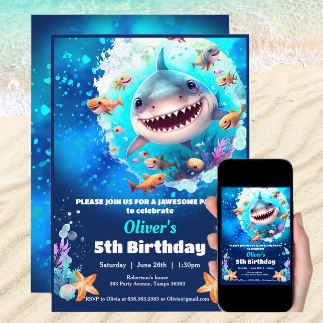 Invitación La edad del niño personalizado del partido de cump (Shark Birthday Pool Party Boy custom age Invitation)