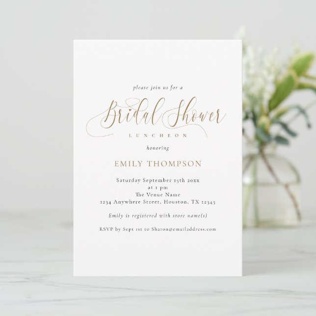 Invitación La elegante caligrafía dorada ducha de novia (Anverso de pie)