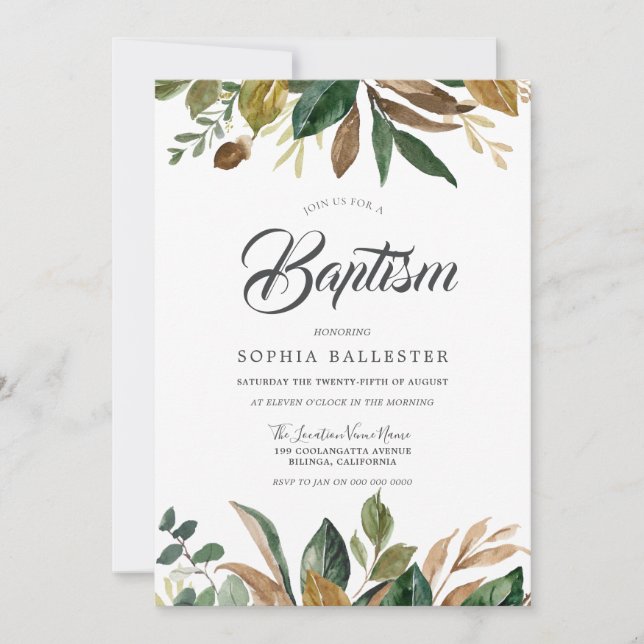 Invitación La elegante otoño moderna deja el bautismo (Anverso)