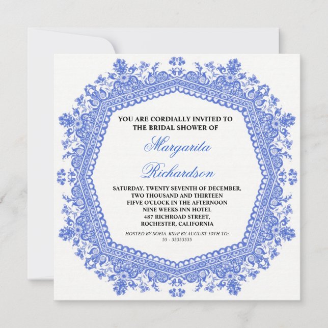 Invitación la elegante y clásica ducha de matrimonio damasco  (Anverso)