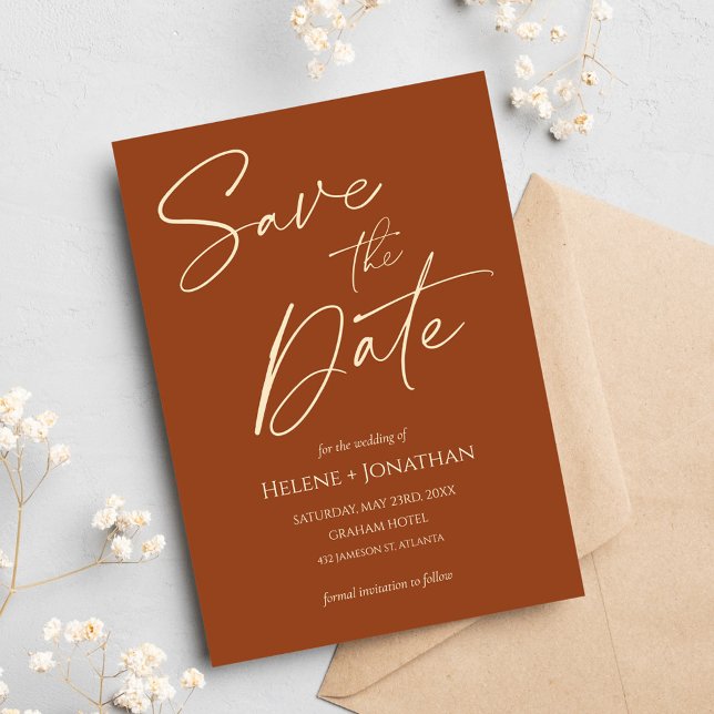 Invitación La elegante y moderna boda de terracota salva la f (Modern Elegant Terracotta Wedding Save The Date Invitation)