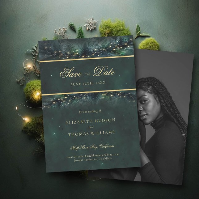Invitación La encantada boda de fotos de oro forestal salva l (wedding save the date enchanted forest fairytale magical fairy lights gold calligraphy)