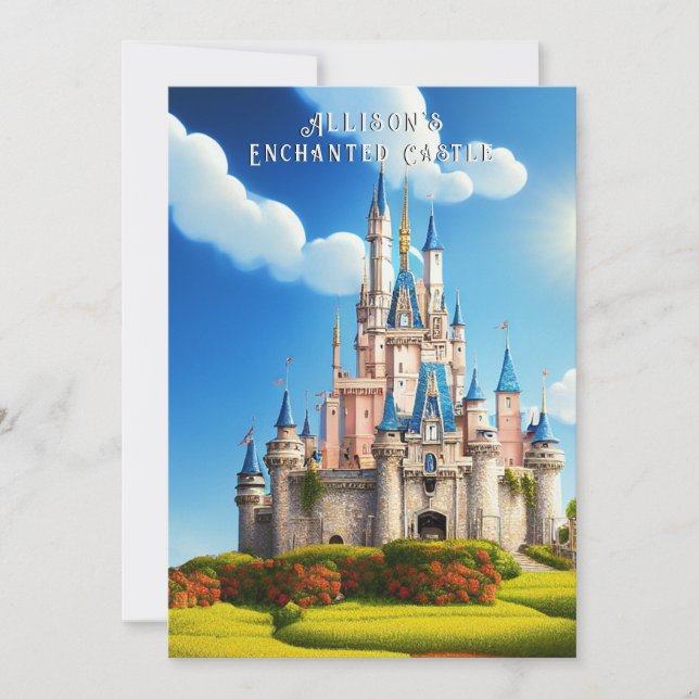 Invitación La encantada Corona Princesa de Castillo Rosa y Az (Anverso)
