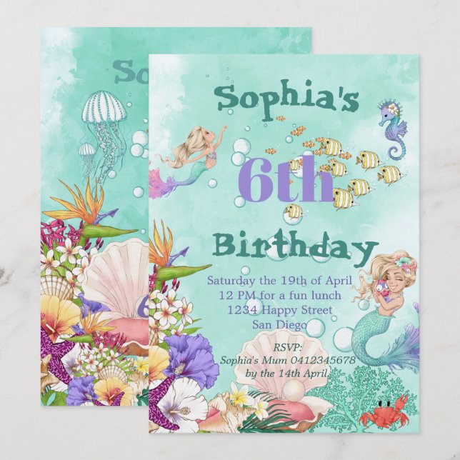 Invitación La Era De La Sirenita Verde Bajo El Cumpleaños Del (Anverso / Reverso)