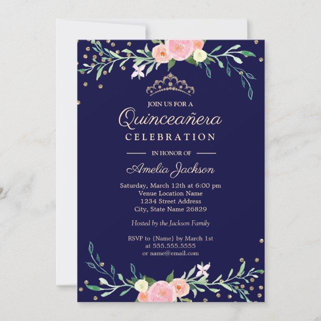 Invitación La espuma floral de la marina Confetti Quinceanera (Anverso)