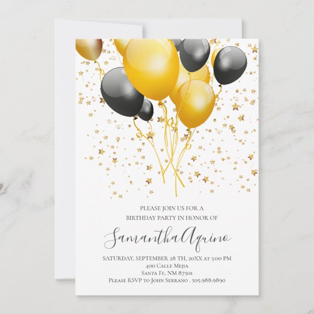 Invitación La estrella de los globos dorados y negros Confett (Anverso)