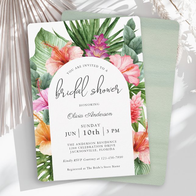 Invitación La exuberante ducha tropical de novias florales y  (A beautiful tropical bridal shower invitation with a luau theme.)