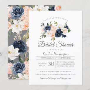 Invitación La exuberante Marina Floral Azul Rosa Ducha Bridal