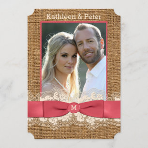 Invitación La FALSA arpillera, cordón, boda de la FOTO del