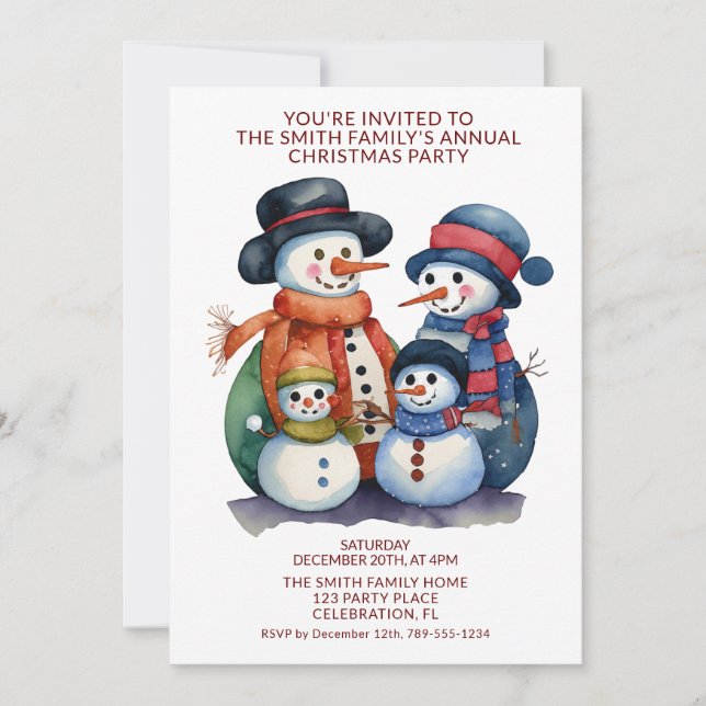 Invitación La familia de muñecos de nieve presenta la fiesta  (Anverso)
