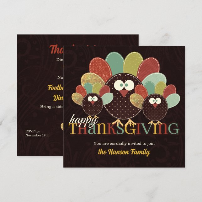 Invitación La familia Fabric Turkey se reúne para dar gracias (Anverso / Reverso)