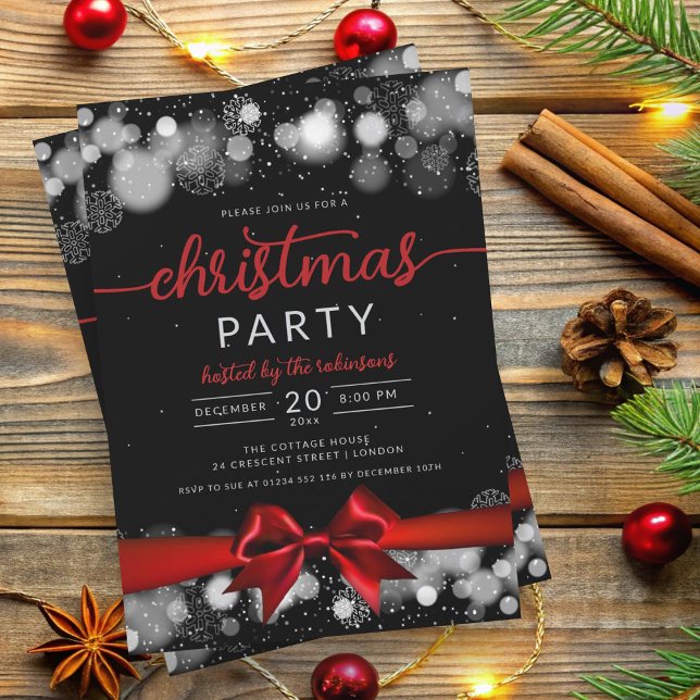 Invitación La familia Silver Winter Wonderland Xmas Red Ribbo (Silver Winter Wonderland Family Xmas Red Ribbon Invitation)
