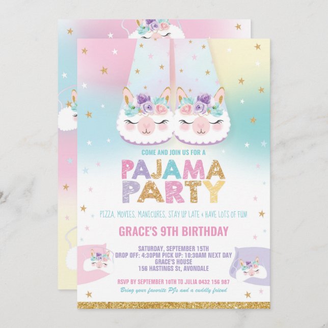 Invitación La fiebre del cumpleaños Rainbow Llama Pajama (Anverso / Reverso)