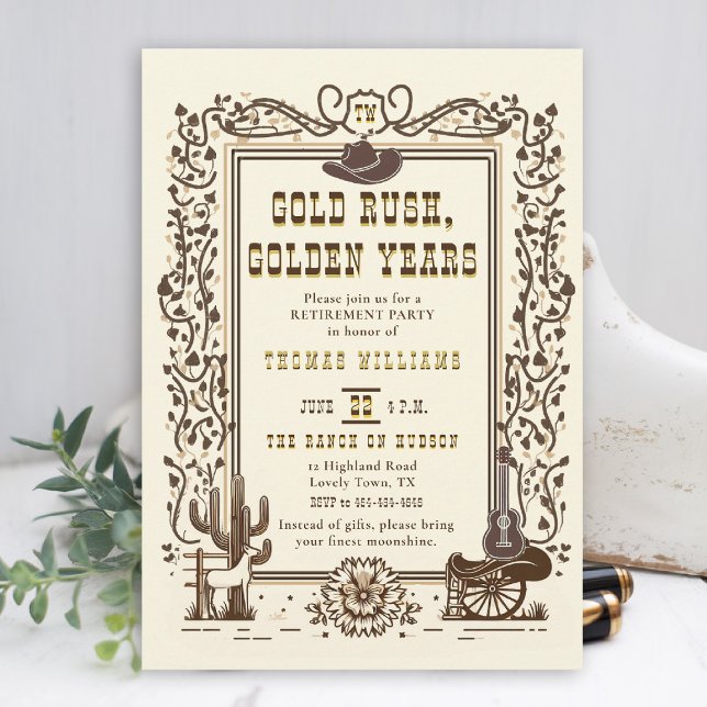 Invitación La Fiebre Dorada de los Años Ojos La Jubilación Vi (men retirement party invitation golden rush western old west country cowboy rustic botanical elegant)