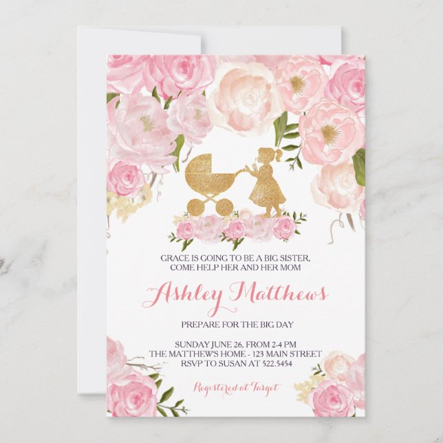 Invitación la fiesta de bienvenida al bebé de la hermana (Anverso)