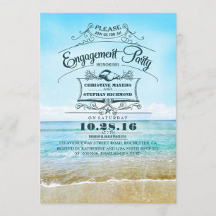 Invitación La fiesta de compromiso azul retro de playa invita