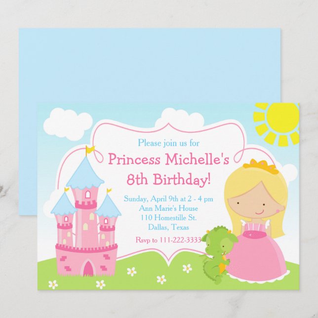 Invitación La fiesta de cumpleaños de Blonde Cute Princess y  (Anverso / Reverso)