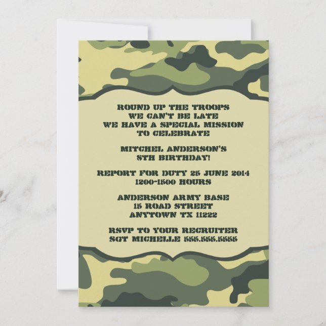 Invitación La fiesta de cumpleaños de Camo del ejército (Anverso)