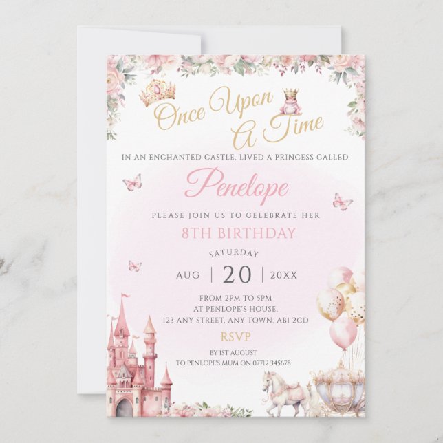 Invitación La fiesta de cumpleaños de la princesa rosa invita (Anverso)