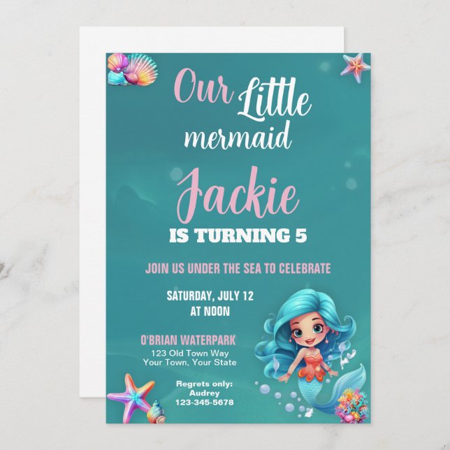 Invitación La fiesta de cumpleaños de la sirena, alegre y col (Anverso / Reverso)