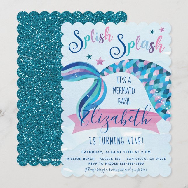 Invitación La fiesta de cumpleaños de la sirena invita (Anverso / Reverso)