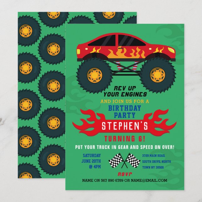 Invitación La fiesta de cumpleaños de Monster Truck llama a l (Anverso / Reverso)