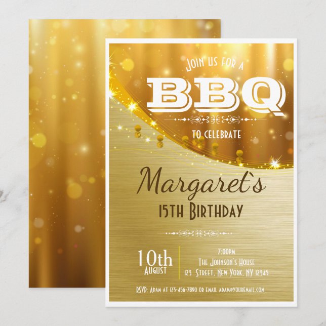 Invitación La fiesta de cumpleaños de oro elegante del Bbq (Anverso / Reverso)