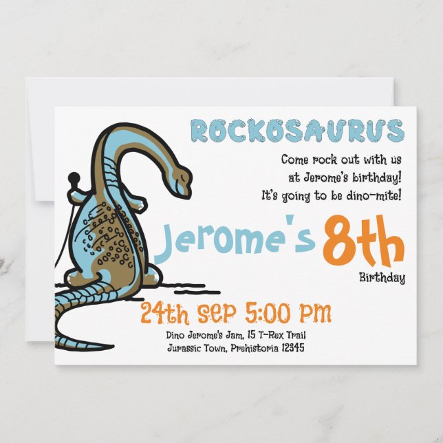 Invitación ¡La fiesta de cumpleaños de Rockosaurus Dino-Mite! (Anverso)
