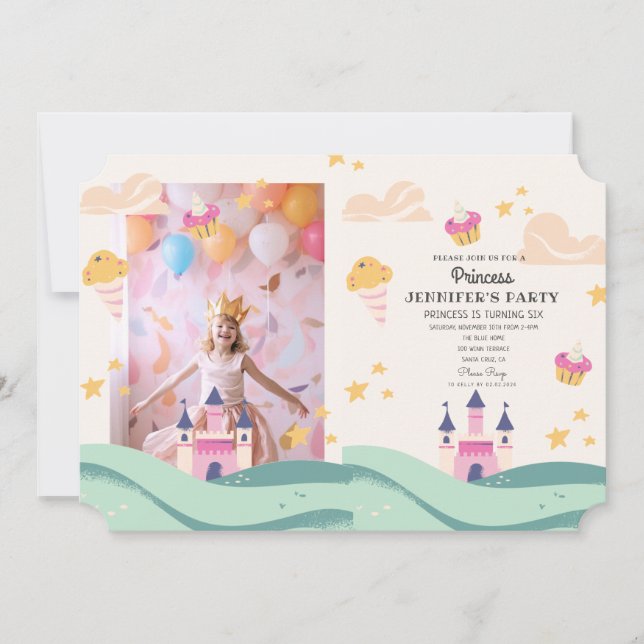 Invitación La fiesta de cumpleaños del castillo rosado de la  (Anverso)