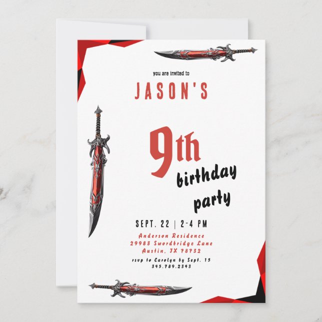Invitación La fiesta de cumpleaños del chico de la espada roj (Anverso)