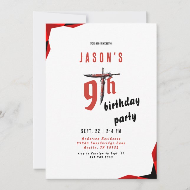 Invitación La fiesta de cumpleaños del chico de la espada roj (Anverso)