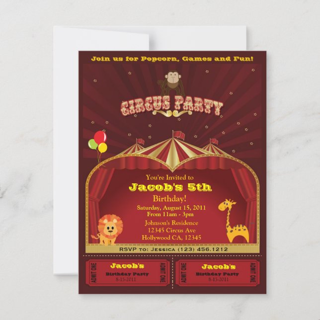 Invitación La fiesta de cumpleaños del circo del niño invita (Anverso)