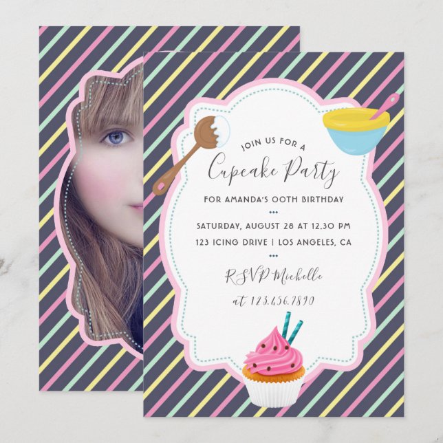 Invitación La fiesta de cumpleaños del pastelito de torta de  (Anverso / Reverso)