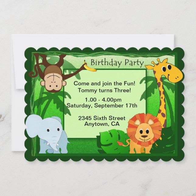 Invitación La fiesta de cumpleaños del tema de la selva (Anverso)