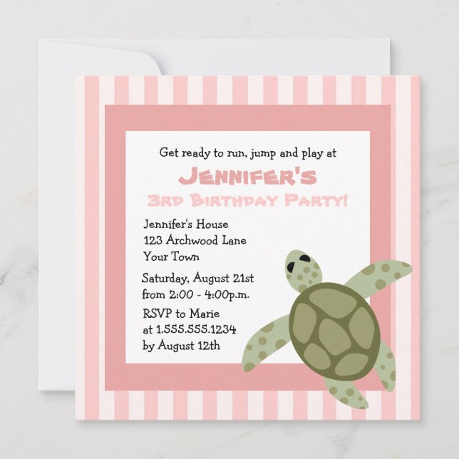 Invitación La fiesta de cumpleaños linda de la tortuga de mar (Anverso)