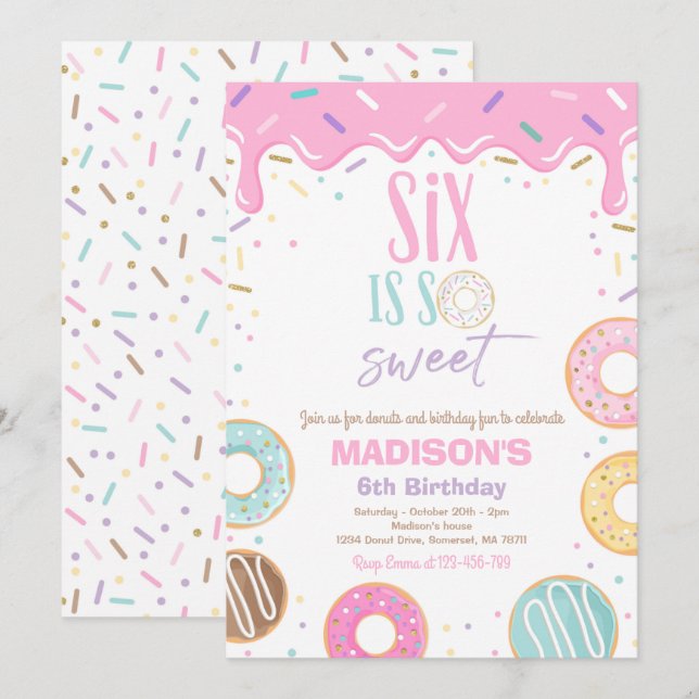 Invitación La fiesta de cumpleaños número seis es tan dulce (Anverso / Reverso)