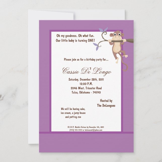 Invitación la fiesta de cumpleaños púrpura del mono 5x7 (Anverso)
