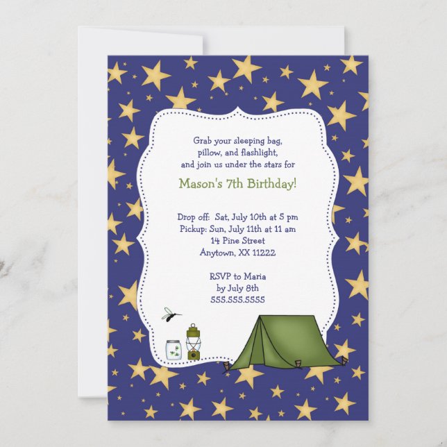 Invitación La fiesta de cumpleaños que acampa invita (Anverso)