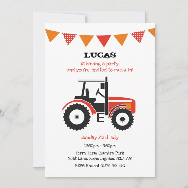 Invitación La fiesta de cumpleaños roja del tractor invita (Anverso)